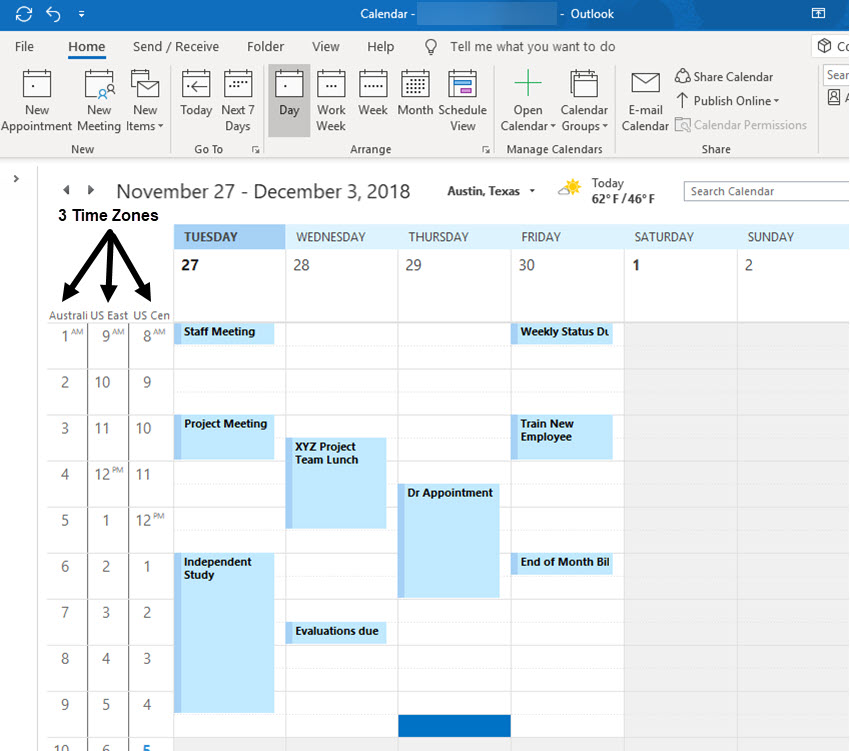 Outlook calendar with three time zones