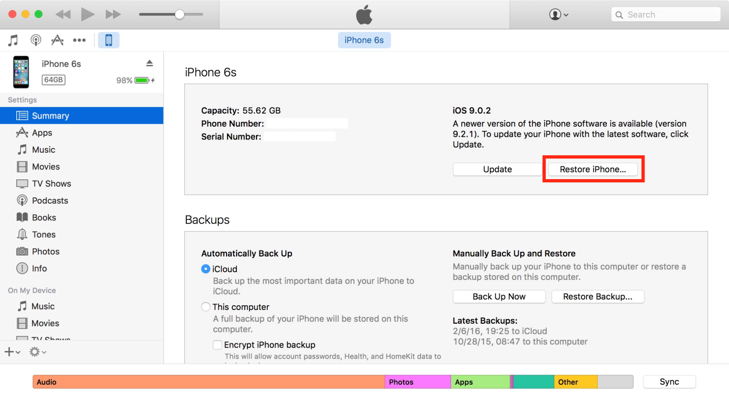 Restore iPhone in iTunes