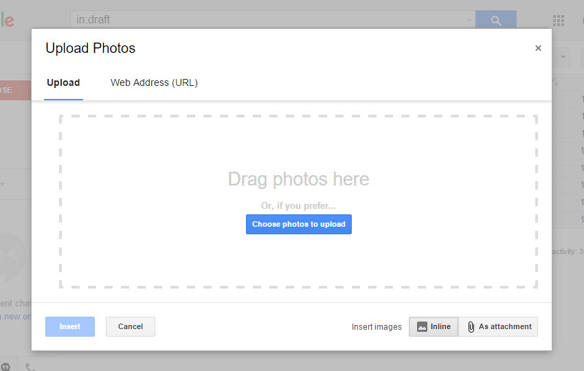 Upload photos box in Gmail