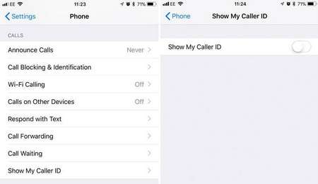 Settings > Phone > Show My Caller ID, then switch it off