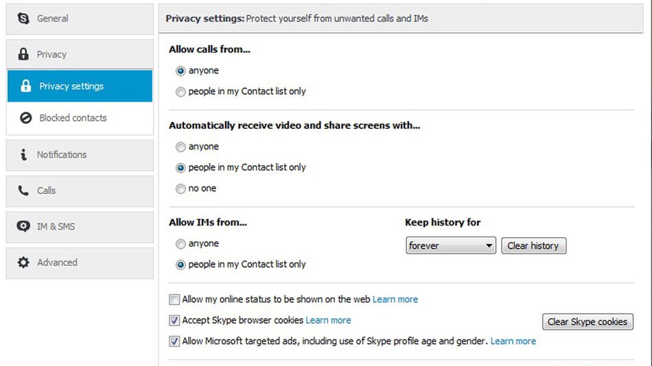 A screenshot from a Windows computer of Skype's privacy settings.