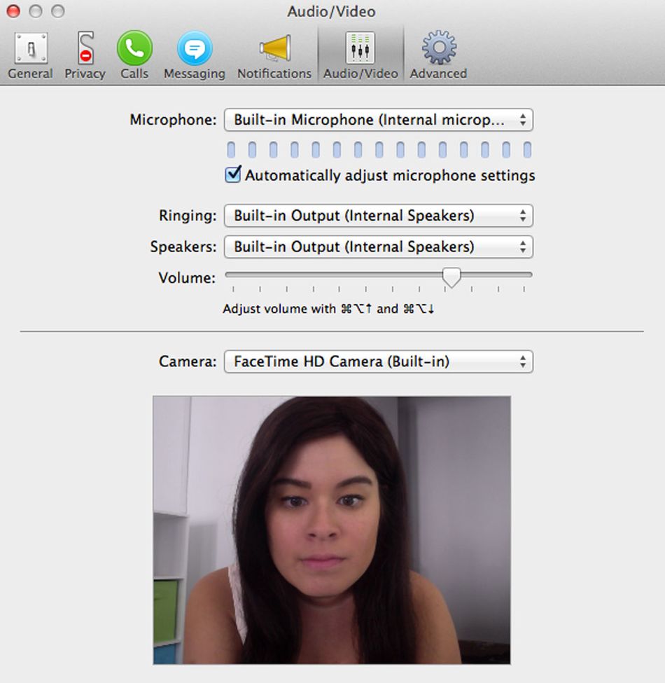 A screenshot on a Mac computer of the "Audio/Video" settings in Preferences. 