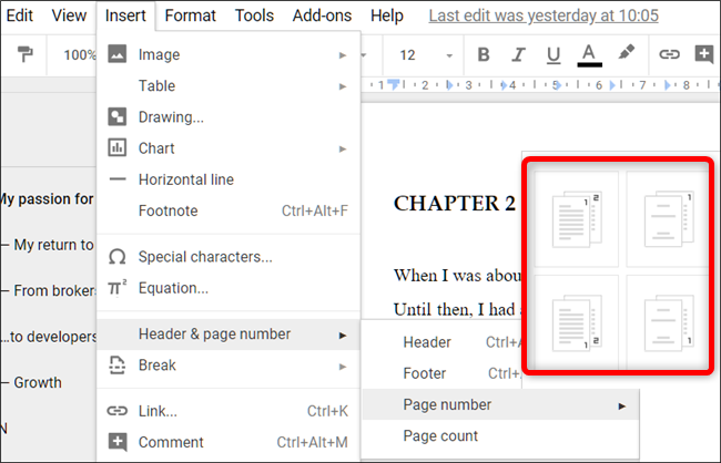 Click Insert > Headers and Page Number > Page Number, then select one of the four options for the page number's position