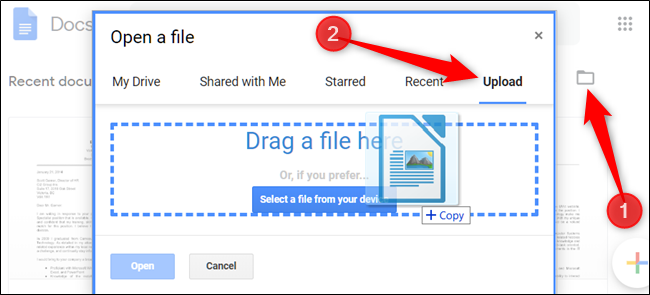 Click the Folder icon, then the Upload tab before dragging a file into the browser window