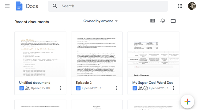 Google Docs homepage preview