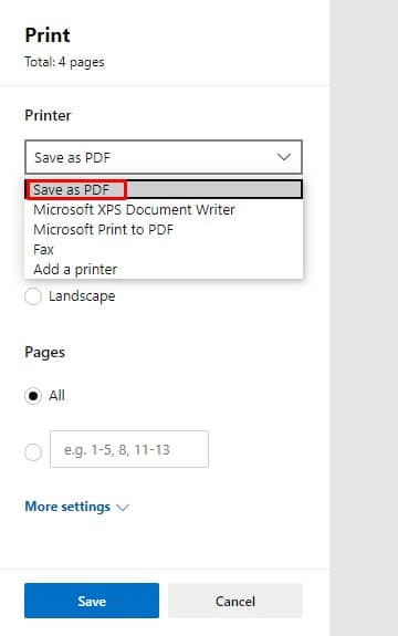 Select 'Microsoft Print to PDF'