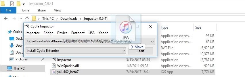 درگ اند دارپ IPA داخل پوشه Cydia Impactor 