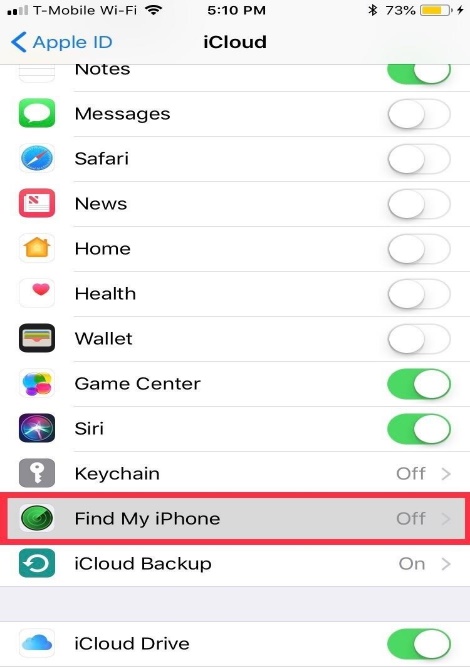 غیر فعال کردن گزینه find my iphone در بخش icloud تنظیمات آیفون 