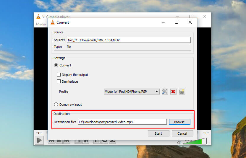 Start the video file conversion with VLC