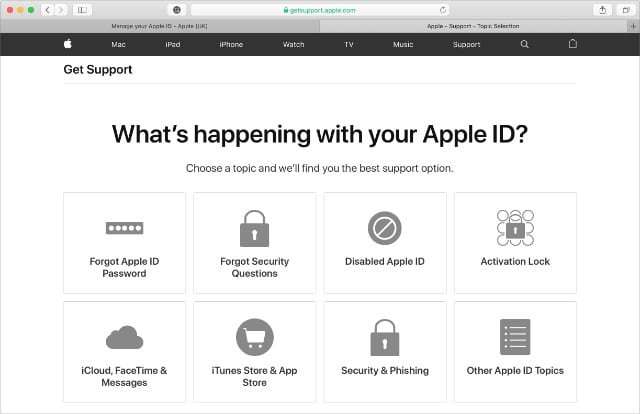 Apple Support website with option for Disabled Apple ID