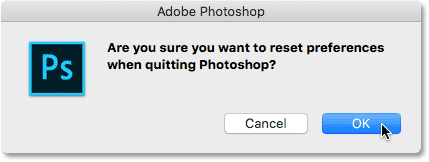 The reset Photoshop Preferences confirmation box.