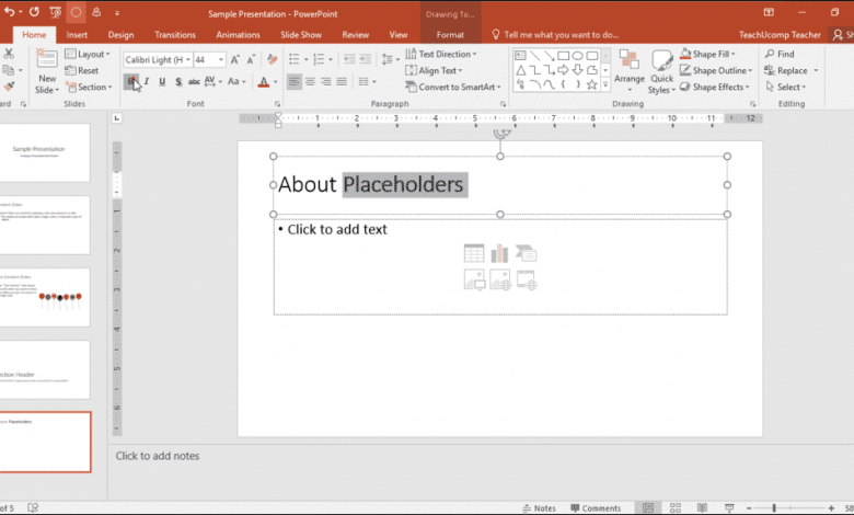 Add Text to Slides in PowerPoint- Tutorial: A picture of a user formatting selected text in a slide placeholder.