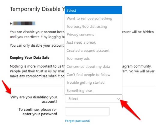 روی Temporarily Disable Account کلیک کنید.