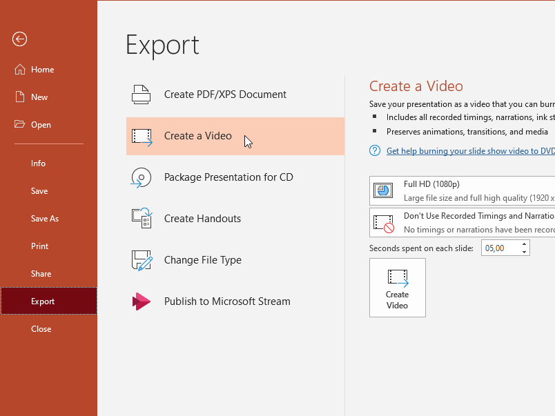 بعد از قسمت Export در تب File گزینه Create a video را انتخاب کنید.