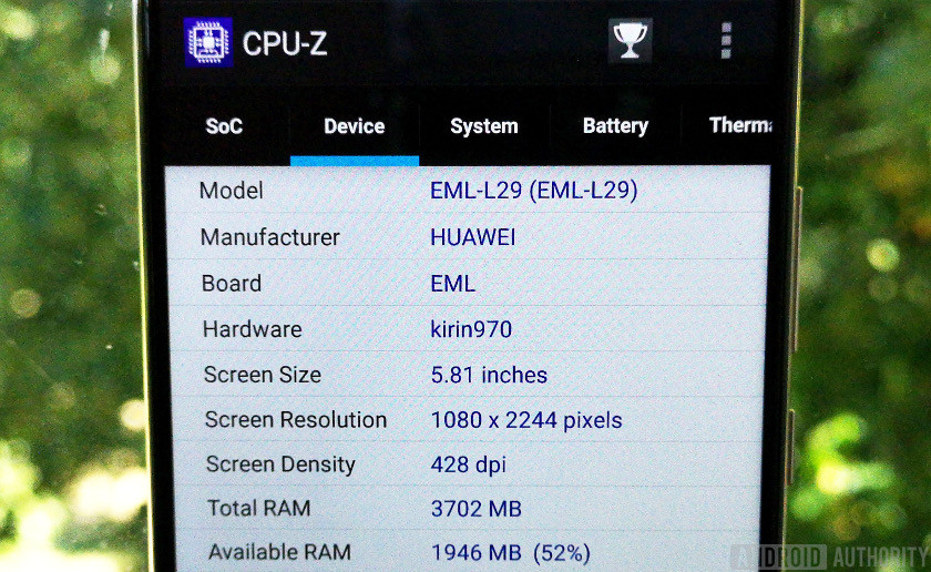 CPU-Z app displaying information about the Kirin 970