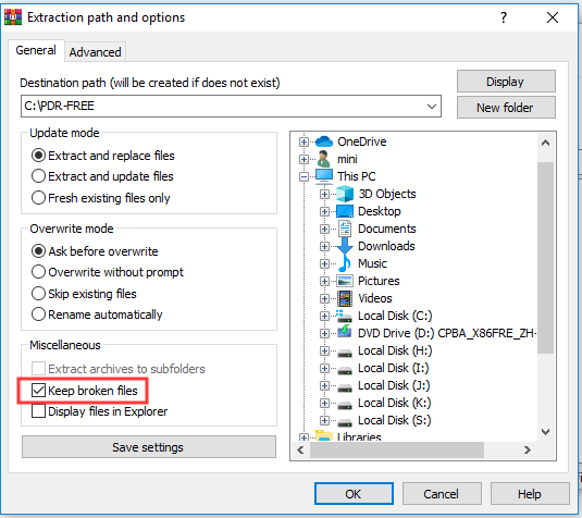 extract RAR/ZIP archive by keeping the broken files