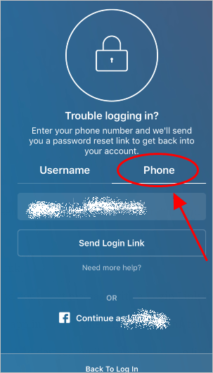 وارد کردن شماره تلفن برای بازیابی رمز عبور اینستاگرام
