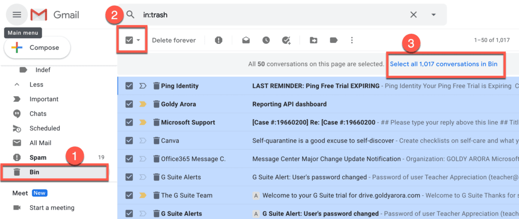 54. Go to Gmail Trash bin and select all emails