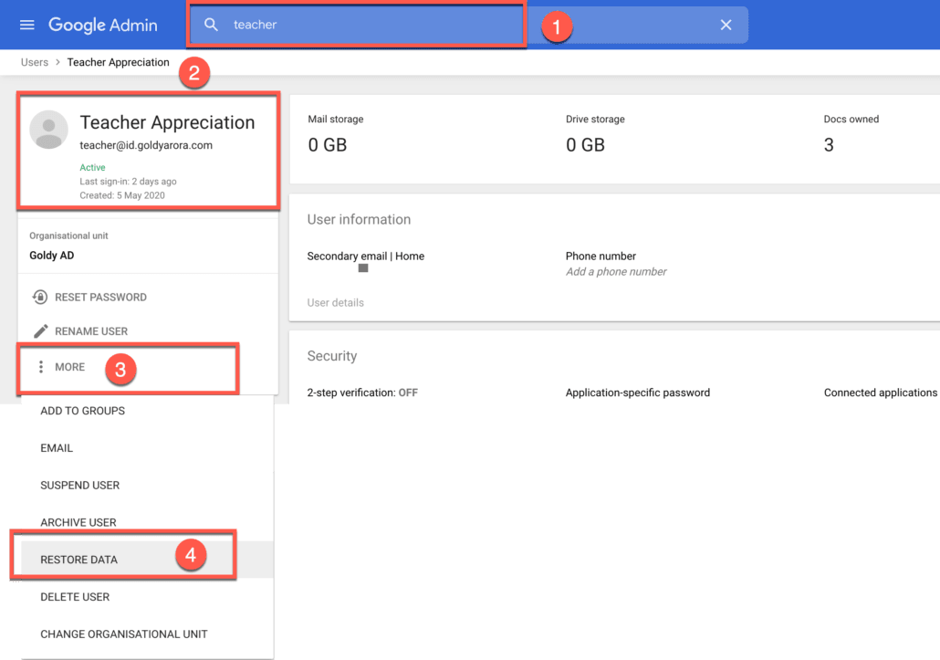 58. Go to Google Workspace Admin console and search for user for whom you want to restore delete gmail emails
