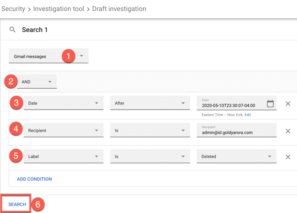 61. Run a security investigation to find user's deleted Gmail emails