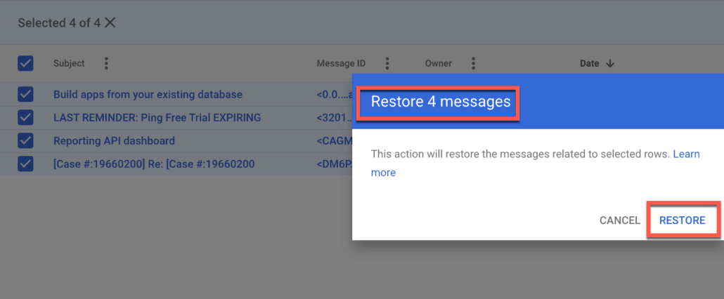 64. Confirm to Google that you want to restore this user's gmail emails