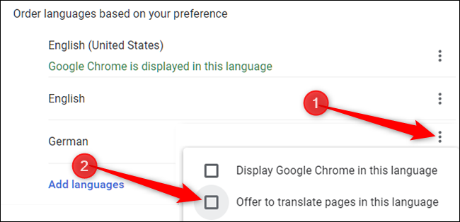 Manually choose what Chrome does with a language by clicking the three dots next to a language, then tick/untick "Offer to translate pages in this language."