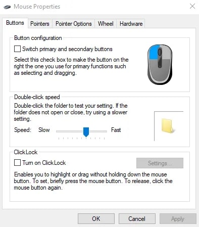 گزینه های mouse buttons, pointers, pointer options, wheel, and hardware. خود را تغییر دهید.