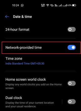 turn on Network provided time