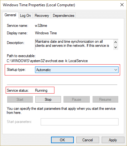 Make sure Startup type of Windows Time Service is Automatic and click Start if service is not running