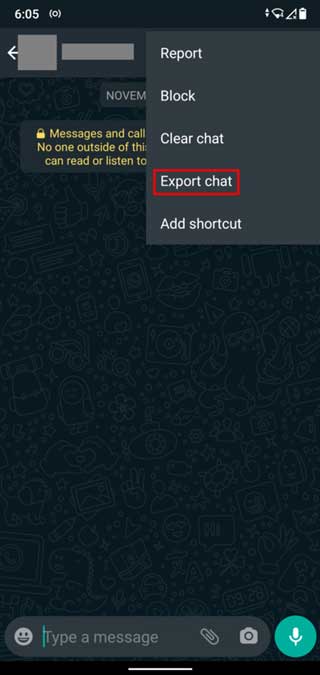 گزینه Export chat (صدور گفتگو) را انتخاب کنید
