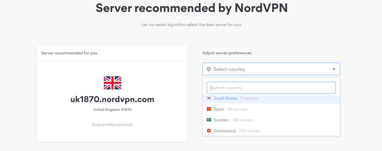 Server recommended by NordVPN on NordVPN website