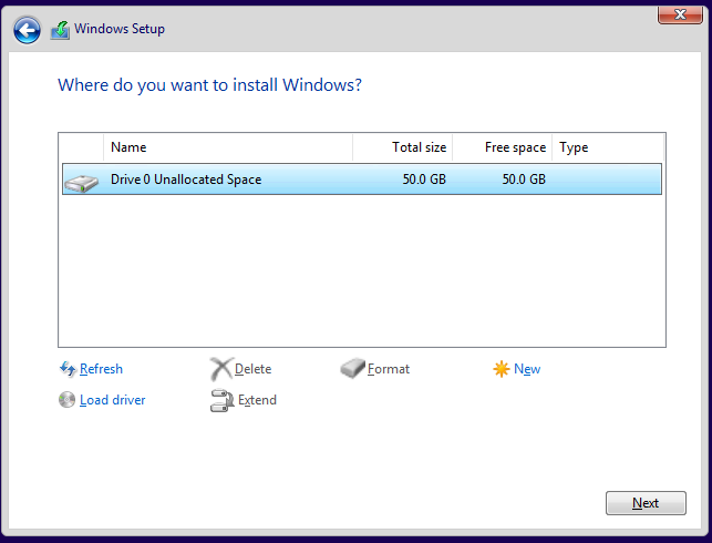 Choose the partition where to install Windows 10