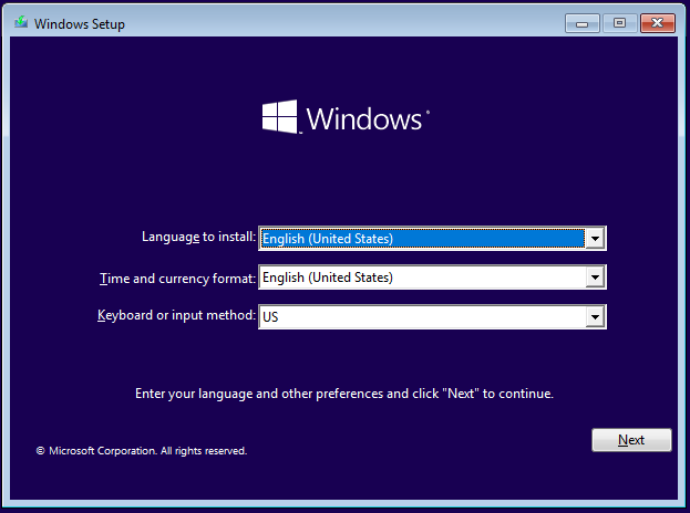 Windows 10 Setup - Choose the language, time, currency, and keyboard