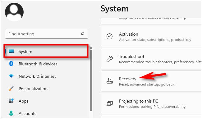In Settings, click "System," then select "Recovery."