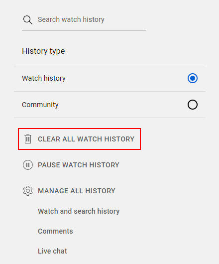 YouTube Clear All History Button on Watch History Screen