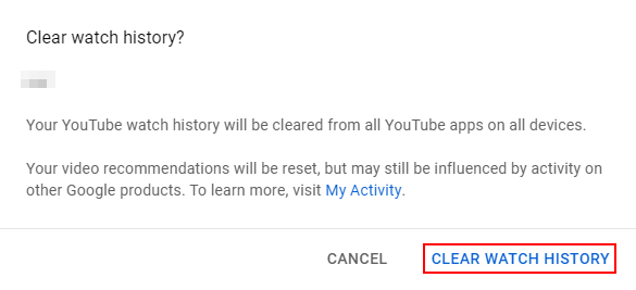 YouTube Clear Watch History in Clear Watch History Confirmation Box
