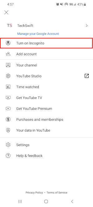 YouTube Mobile App Turn on Incognito Option in Avatar Menu