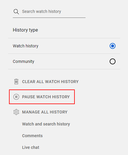 YouTube Pause Watch History Button on Watch History Screen