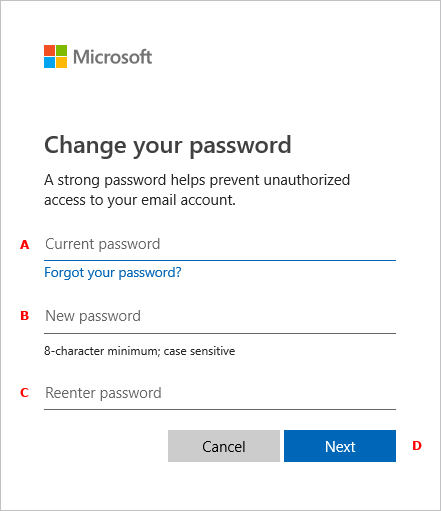 Form to change a Windows password.