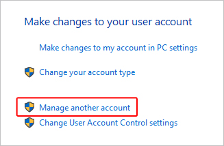 Manage another account link in Windows 10.