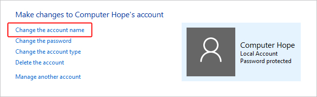 Selector to change an account name in Windows 10.