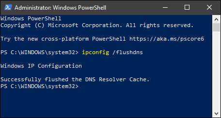 Shows the message "Windows IP Configuration Successfully flushed the DNS Resolver Cache." in powershell