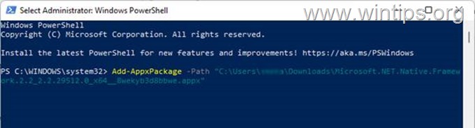 Add-AppxPackage-Path "C:\Users\username\Downloads\Microsoft.NET.Native.Framework.2.2_2.2.29512.0_x64__8wekyb3d8bbwe.appx