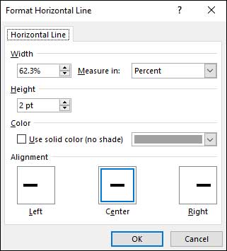از کادر محاوره‌ Format Horizontal Line می‌ توانید تراز، رنگ، عرض و ارتفاع خط را تغییر بدهید.