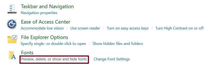 روی Fonts یا Preview, delete, show, and hide fonts کلیک کنید.