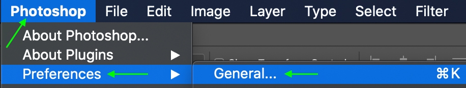 رای بازنشانی تنظیمات Preferences فتوشاپ، به Edit >Preferences >Generalدر ویندوز و Photoshop > Preferences > General در مک بروید.