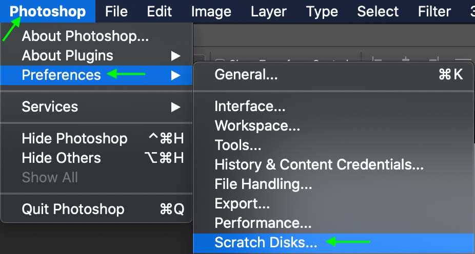 به Edit >Preferences> Scratch Disks در ویندوز یا Photoshop > Preferences > Scratch Disks در مک بروید.