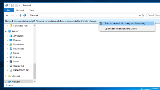 Turning on network discovery in File Explorer