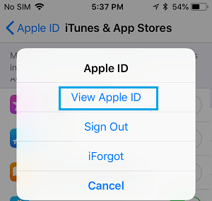 در پنجره پاپ آپی که ظاهر می شود، روی View Apple ID ضربه بزنید.