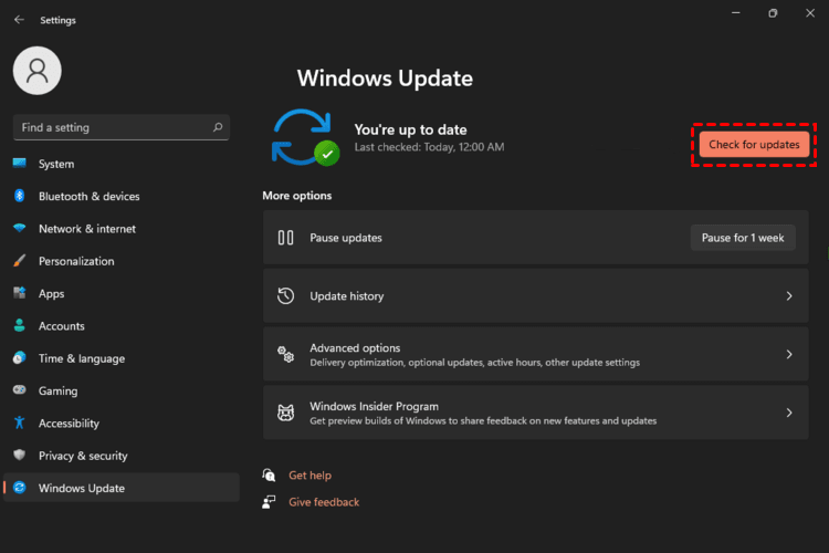 در قسمتِ Settings، به Windows Update بروید، سپس روی دکمه Check for updates کلیک کنید.
